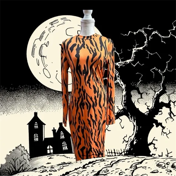 SHEIN sz LG long sleeve tiger print midi dress stretchy Halloween costume - Picture 3 of 9